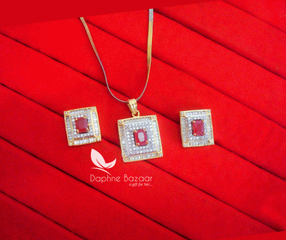 Z47, Daphne Pink Stone Square Shape Zircon Pendant and Earrings, Gift for Wife