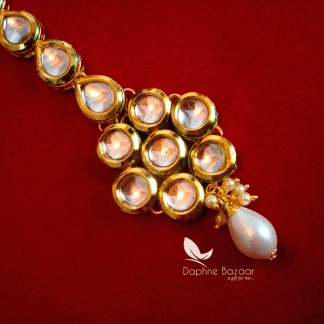 MAG53, Daphne Traditional Kundan Carving Maang Tikka with Pearls - Close up