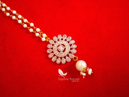 MAG54, Daphne Zircon Carving Maang Tikka with Pearls Droplet