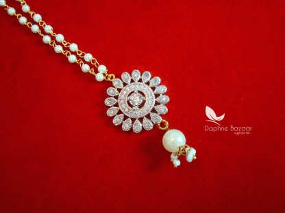 MAG54, Daphne Zircon Carving Maang Tikka with Pearls Droplet-closer view