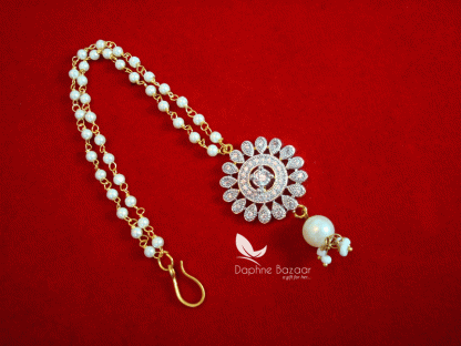 MAG54, Daphne Zircon Carving Maang Tikka with Pearls Droplet-full view