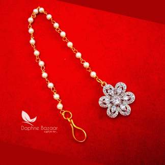 MAG55, Daphne Zircon Flora Carving Maang Tikka with Pearls for Women -closer view