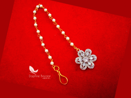 MAG55, Daphne Zircon Flora Carving Maang Tikka with Pearls for Women -closer view