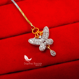 MAG58, Daphne Zircon Butterfly Carving Maang Tikka with Pearls for Women -closer view