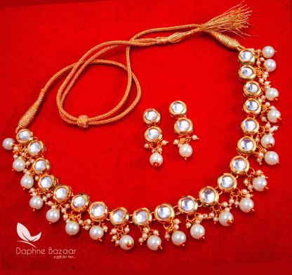 NC55, Traditional Pearl Kundan Necklace Set with Earrings, for Women - full view