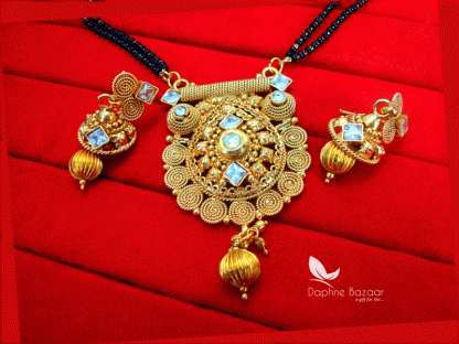 S79, Daphne Handmade Golden Mangalsutra Set With Earrings for Women, Gift for Wife