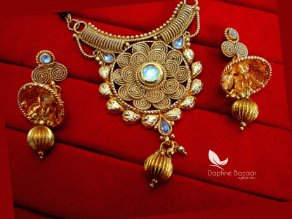 S80, Daphne Handmade Golden Mangalsutra Set With Earrings for Women, Gift for Wife -closer view