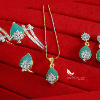 CBU24, Super Saver Four Items Zircon Studded See Green Fashion Pendant, Earrings with Ring and Bracelet, Combo for Gift