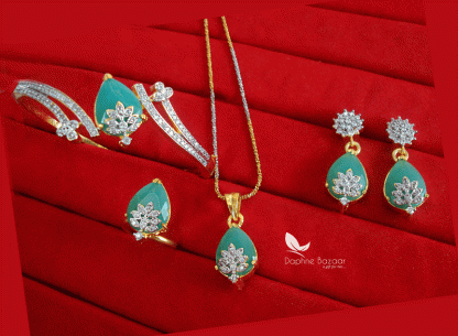 CBU24, Super Saver Four Items Zircon Studded See Green Fashion Pendant, Earrings with Ring and Bracelet, Combo for Gift