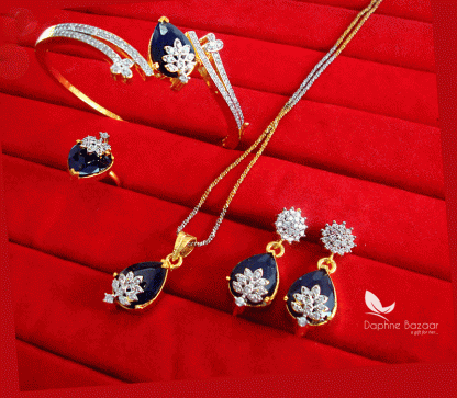 CBU25, Super Saver Four Items Zircon Studded Navy Blue Fashion Pendant, Earrings with Ring and Bracelet, Combo for Gift