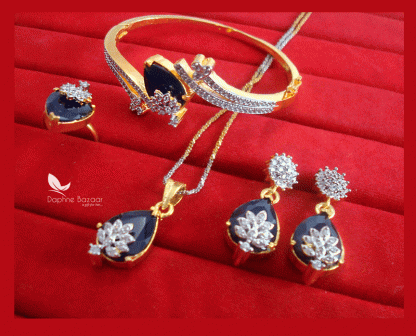 CBU25, Super Saver Four Items Zircon Studded Navy Blue Fashion Pendant, Earrings with Ring and Bracelet, Combo for Gift-view2