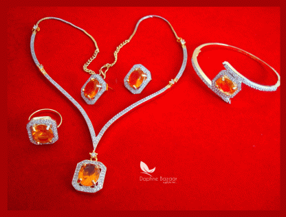 CBU27, Super Saver Four Items Zircon Studded Amber Fashion Necklace, Earrings with Ring and Bracelet, Combo for Gift