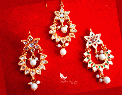 KE60, Daphne Traditional Kundan Carving Maang Tikka With Earrings, Best Gift For Women -closer view