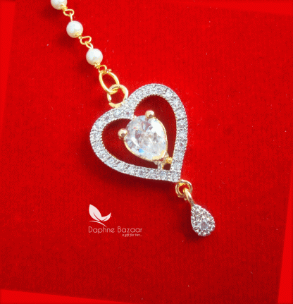 MAG60, Daphne Zircon Heart Shape Carving Maang Tikka with Pearls for Women