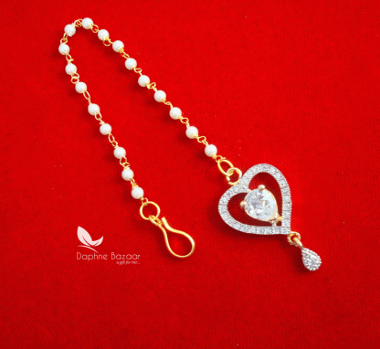 MAG60, Daphne Zircon Heart Shape Carving Maang Tikka with Pearls for Women -closer view