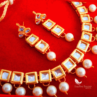 NC61, Traditional Pearl Kundan Necklace Set with Earrings, for Women - closer view