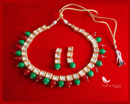 NC63, Traditional Multi Color Pearl Kundan Necklace Set with Earrings, for Women - full view