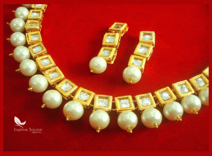 NC64, Traditional Pearl Kundan Necklace Set with Earrings, for Women -closer view