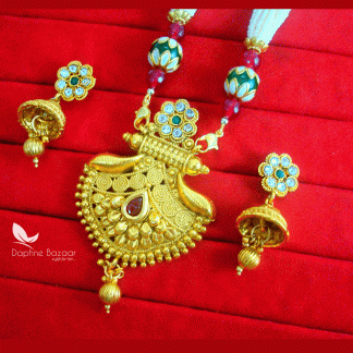 NC65, Daphne Polki Kundan Multi Color Stone Necklace With Jhumki Earrings