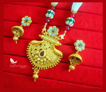 NC65, Daphne Polki Kundan Multi Color Stone Necklace With Jhumki Earrings