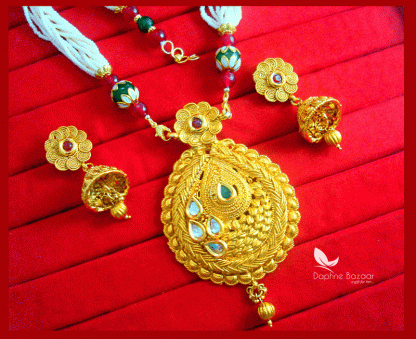 NC67, Daphne Polki Kundan Multi Color Stone Necklace With Jhumki Earrings