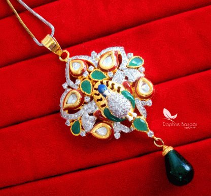 PN31, Daphne Kundan Multi Colour Peacock Zircon Meenakari Pendant Set