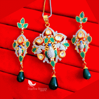 PN31, Daphne Kundan Multi Colour Peacock Zircon Meenakari Pendant Set With Earrings