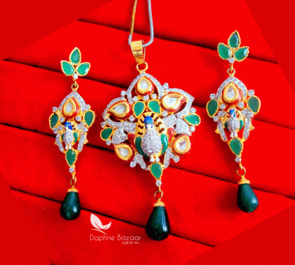 PN31, Daphne Kundan Multi Colour Peacock Zircon Meenakari Pendant Set With Earrings