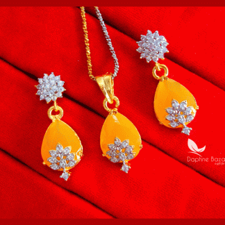 Z85, Daphne Yellow Zircon Designer Pendant Earrings for Valentine Gift for wife