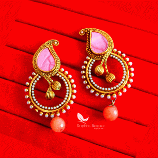 ZE36, Daphne Rose Pink With Coral Droplet Polki Hanging Earrings for Women
