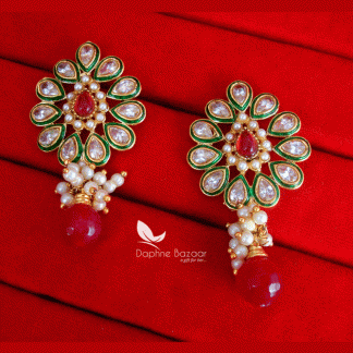 ZE46, Daphne Kundan Meena Pearl With Pink Droplet Earrings, Gift For friend