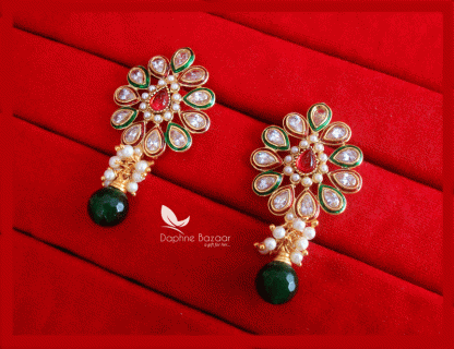 ZE47, Daphne Kundan Meena Pearl With Green Droplet Earrings, Gift For friend