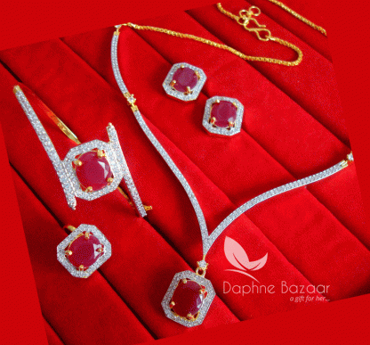 CBU30, Super Saver Four Items Zircon Studded Ruby Fashion Necklace, Earrings with Ring and Bracelet, Combo for Gift