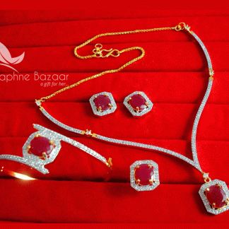 CBU30, Super Saver Four Items Zircon Studded Ruby Fashion Necklace, Earrings with Ring and Bracelet, Combo for Gift -full view