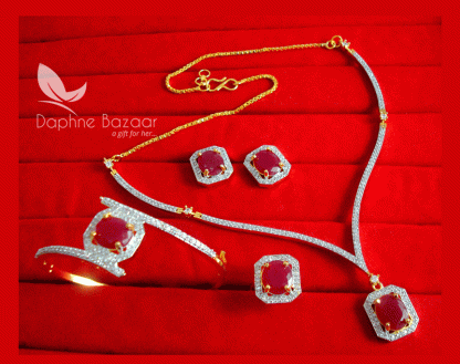 CBU30, Super Saver Four Items Zircon Studded Ruby Fashion Necklace, Earrings with Ring and Bracelet, Combo for Gift -full view