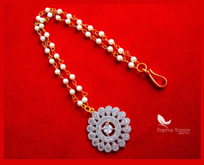 MAG62, Daphne Zircon Carving Maang Tikka with Pearls Chain For Women-full view
