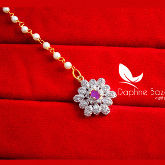 MAG63, Daphne Pink Zircon Carving Maang Tikka with Pearls for Women