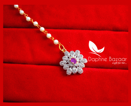 MAG63, Daphne Pink Zircon Carving Maang Tikka with Pearls for Women