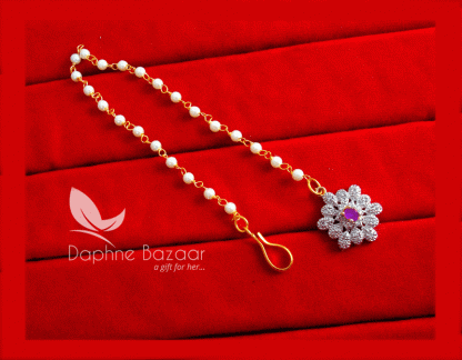 MAG63, Daphne Pink Zircon Carving Maang Tikka with Pearls for Women-FULL VIEW
