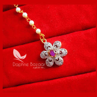 MAG64, Daphne Pink Zircon Carving Maang Tikka with Pearls for Women