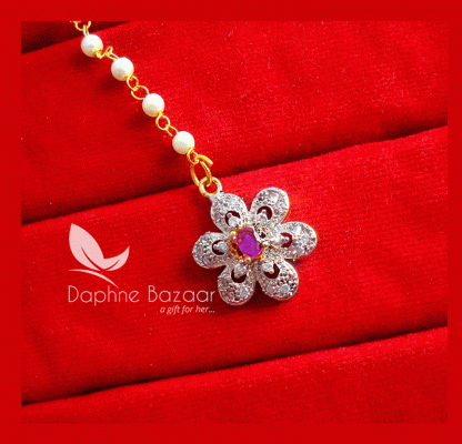 MAG64, Daphne Pink Zircon Carving Maang Tikka with Pearls for Women