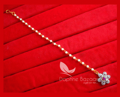 MAG64, Daphne Pink Zircon Carving Maang Tikka with Pearls for Women-full view