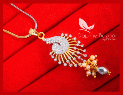 Z92P, Daphne Shimmering Silvery Grey Zircon Studded Pendant Karwa Chauth Special for Women-view 2