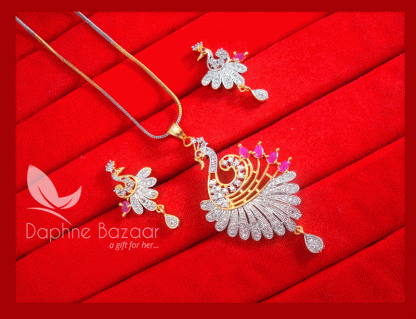 Z93, Daphne Zircon Pink Peacock Pendant Earrings Karwa Chauth Special For Women