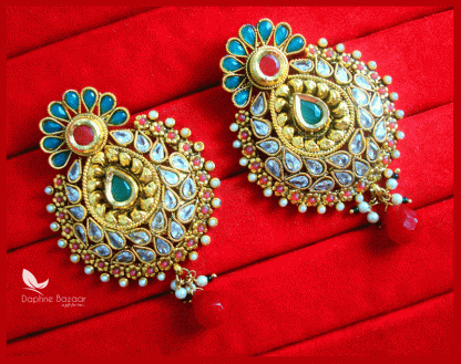 ZE49, Daphne Green and Maroon bollywood style Polki Earrings for wedding events party