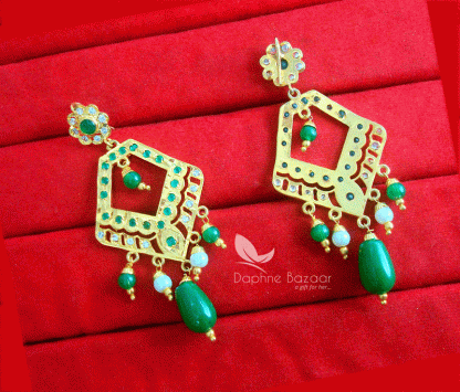 ZE72, Daphne Patiala Phulkari Style Green Earrings Karwa Chauth Special For Wife-back view