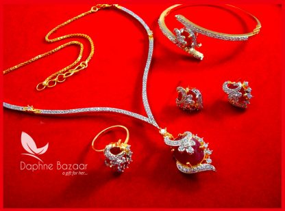 CBU31, Super Saver Four Items Zircon Ruby Party Wear Necklace Earrings with Ring and Bracelet