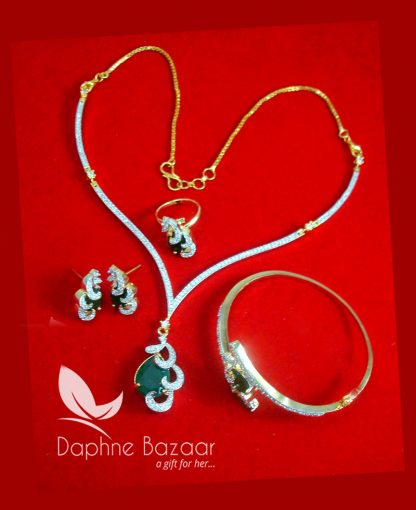 CBU33, Super Saver Four Items Zircon Green Party Wear Necklace Earrings with Ring and Bracelet-2