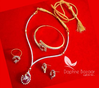 CBU34, Super Saver Four Items Zircon Ruby Shade Party Wear Necklace Earrings with Ring and Bracelet-3