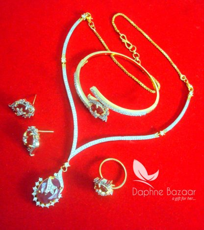 CBU34, Super Saver Four Items Zircon Ruby Shade Party Wear Necklace Earrings with Ring and Bracelet-4